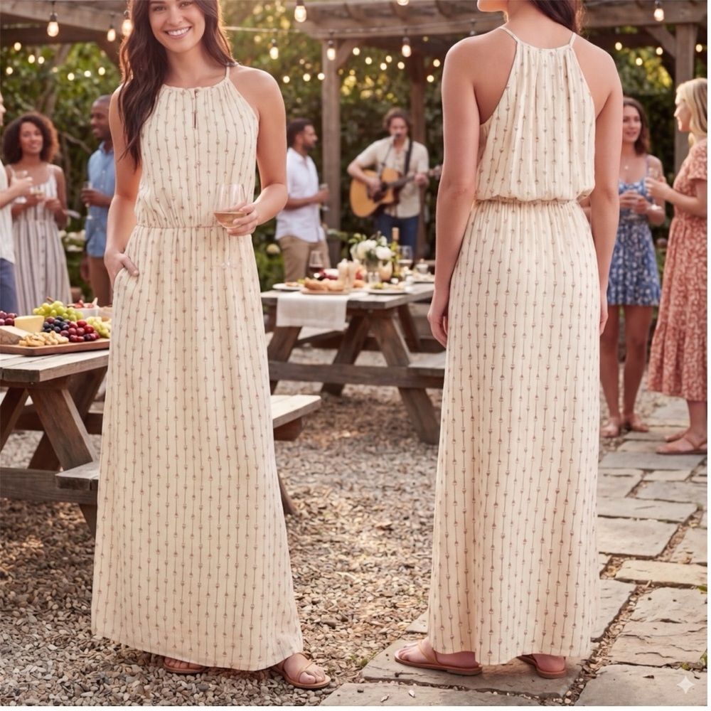 Lucky Brand Maxi Dress Sz Small Silk Cream Geometric Pattern Pockets Lined Boho